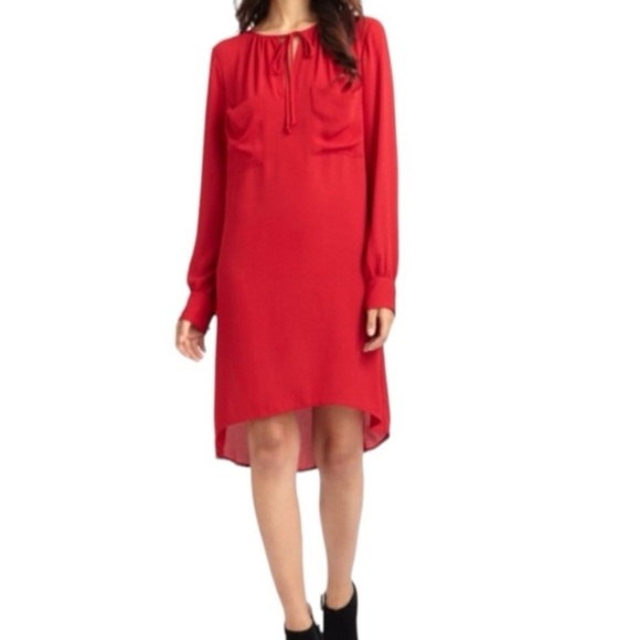 BCBGMaxAzria | Darell Red Split Tie Neck Long Sleeve Solid Dress Size X-Small - Picture 1 of 11